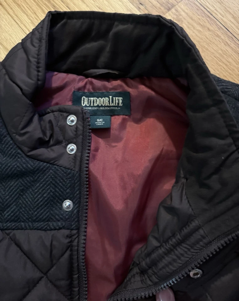 Outdoor Life Men Nwt Small Brown Quilted High Neck Wool Tweed Zip Outdoor Vest - Image 4 of 4