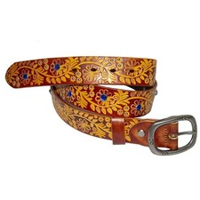 Real Leather Belt Retro Carving Flower Stone Rivet Studded Unisex Punk Waistband