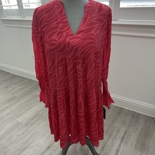 Adrianna Papell Leaf Print Tiered Shift Dress Long Bell Sleeves Pink Multi Small