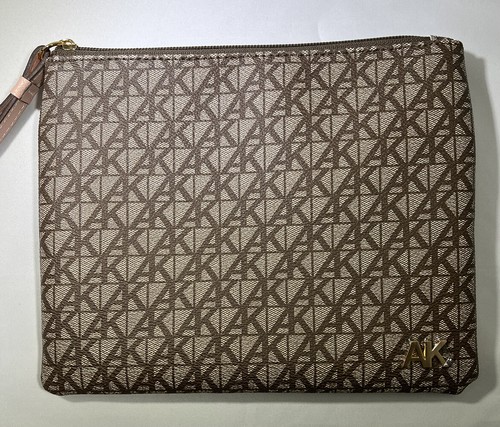 Anne Klein AK Monogram Logo Zip Clutch Wristlet Brown & Beige Blush Pink Strap - Picture 4 of 8
