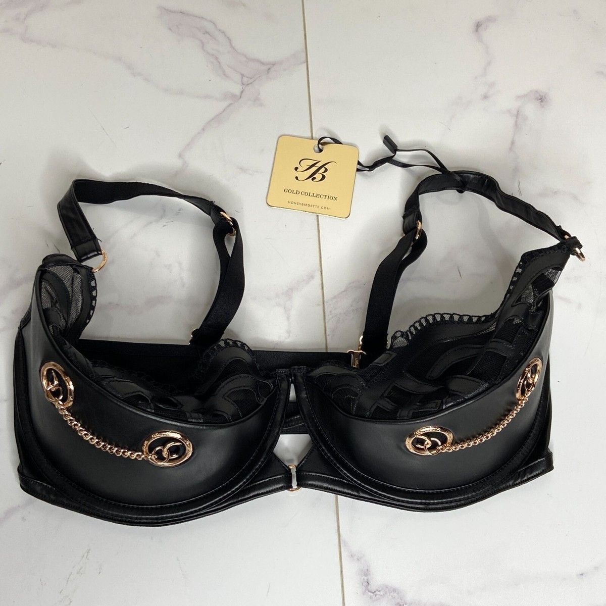 Honey Birdette Black Faux Leather CLAIRE Contour Gold Chain Bra
