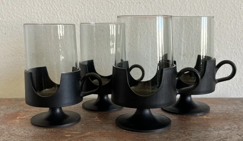 Corning Smoke Glas-Snap Glass Plastic Hot Cold Cups Mugs 2 Sizes Set of 4 Vtg