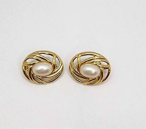 Trifari Gold Tone Faux Pearl Cabochon Framed Oval Clip On Earrings - Picture 4 of 7