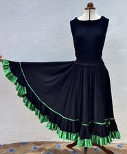 Spanish Flamenco Dance Skirt Full Circle Black+Green Ribbons Stretch Waistband