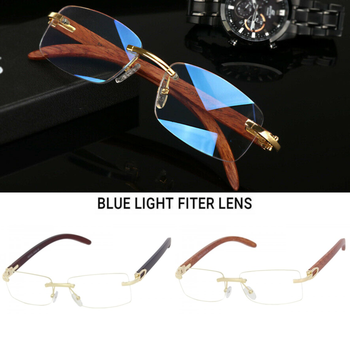 Mens CLASSY Style Wood Buff Retro 90s Hip-Hop Rapper Gangster Rimless  Sunglasses