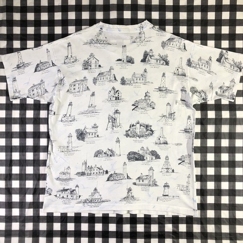 Lighthouse Bird Art All Over Print Distressed Vintage 90s Single Stitch T Shirt - Picture 2 of 9