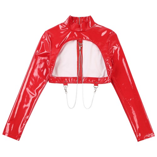 Womens Wet Look Leather Long Sleeves Hollow Out with Chains Crop Top Clubwear - Picture 14 of 36