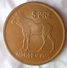 1965 NORWAY 5 ORE - Excellent Vintage Coin - FREE SHIPPING - Norway Bin #4