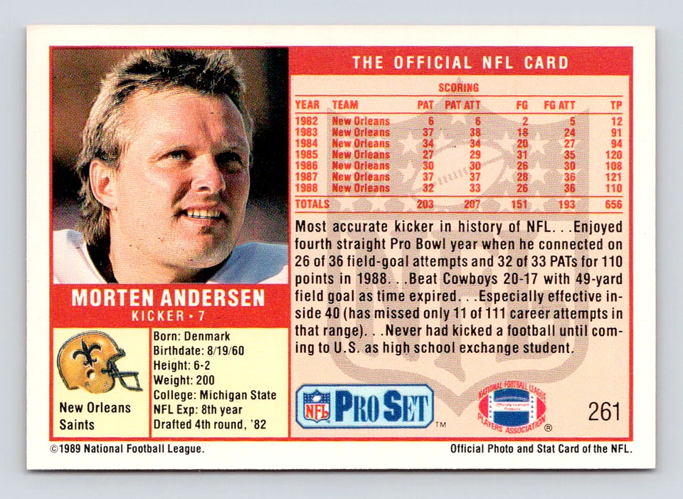 1989 Pro Set Card, #261 Morten Andersen Hall of Famer, New Orleans Saints - Image 2 of 3