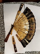Antique Hand Fan with Cameo  Painted Scenes - 19th Century - Needs Restoration