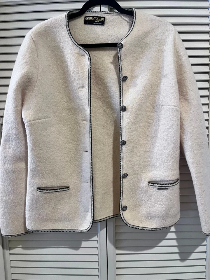 Blazer Geiger Austria Mujer 42 Vintage Lana Pura Borde Negro Marfil Foto 2 de 4