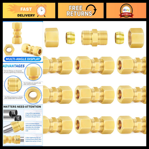 3/8" OD Compression Tube Fitting Union Connector - Brass, 10-Pack, Durable & Rel