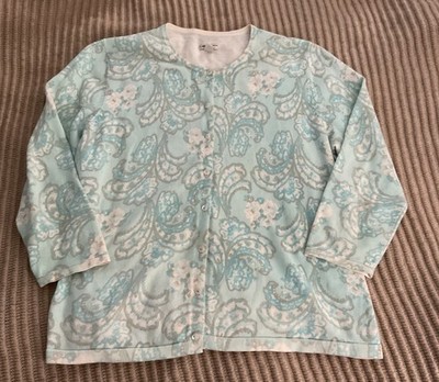 Cherokee Paisley Floral Cotton Cardigan Sweater Light Blue Brown -  Size L 