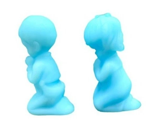 Vintage Fenton Blue Praying Boy & Girl Glass Figurine, Attached Sticker