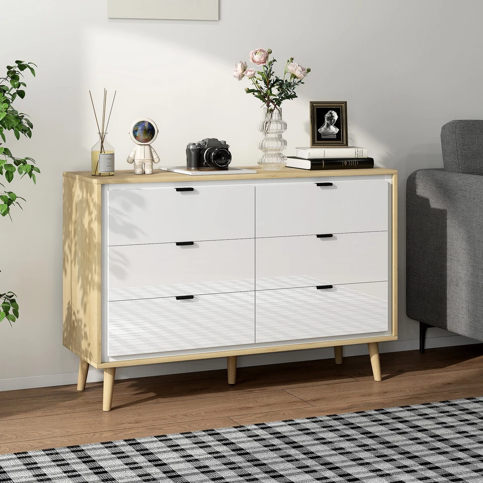 HOMCOM Comò con 6 Cassetti in Legno 110x40x75 cm Bianco Lucido e Rovere - Immagine 3 di 4