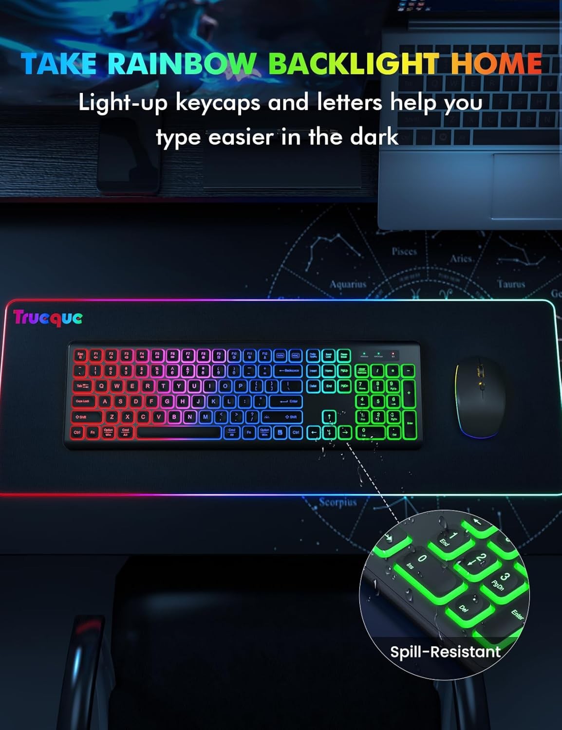 Wireless Keyboard and Mouse Combo - RGB Backlit, Rechargeable & Light up Letters