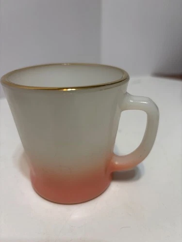 Vintage Anchor Hocking Fire King Glass Mug Pink Ombre Fade Gold Rim 3 1/4"