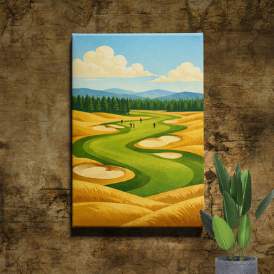 Golf Course Landscape Wall Art Winding Fairways Sand Bunkers Aerial View