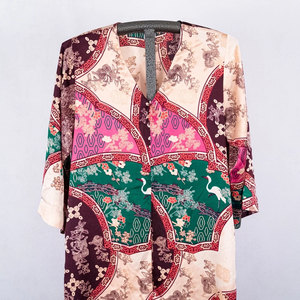 Camisón NATORI Inspirado en Asia Satén Caftán Caftán Cremallera PEQUEÑO Pájaro Flor Grúa Foto 2 de 4