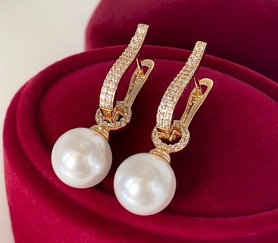 Luxus 2Tlg. Perlen Ohrringe Creole Zirkonia 750er Rolled Gold 18K vergoldet