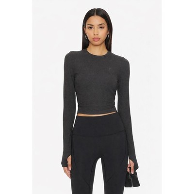 P.E Nation Free Play Long Sleeve Rib Crop T Shirt Grey Size Medium Workout Gym