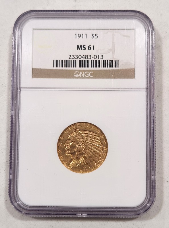 1911 $5 Indian Head Gold Half Eagle NGC MS61 US Gold Coin