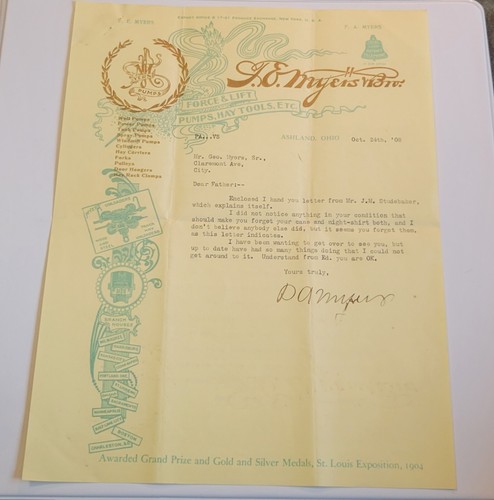 FE Myers Letterhead- Famous Pump Company From Ohio, 1908