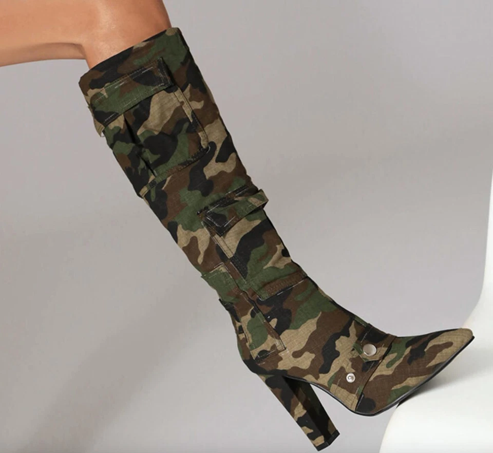 Para mujeres Botas hasta la rodilla Tacones Camuflaje Denim Western Alto Zapatos Largos Bolsillos Foto 4 de 4
