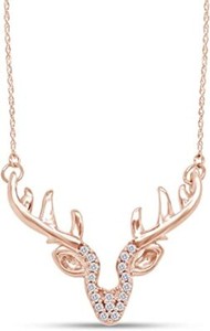Authentic Natural Round Diamond Accents Deer Antler Pendant 18" Necklace Sterling Silver
