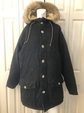 Woolrich Women Vintage 100% Wool Down Coat Coyote Trim Charcoal Gray Zip Buttons