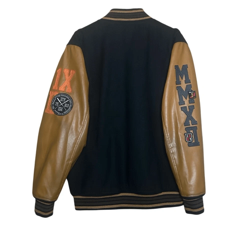 Springfield Black Brown Long Sleeve Varsity Jacket Size L Wool Leather Trim - Image 4 of 4