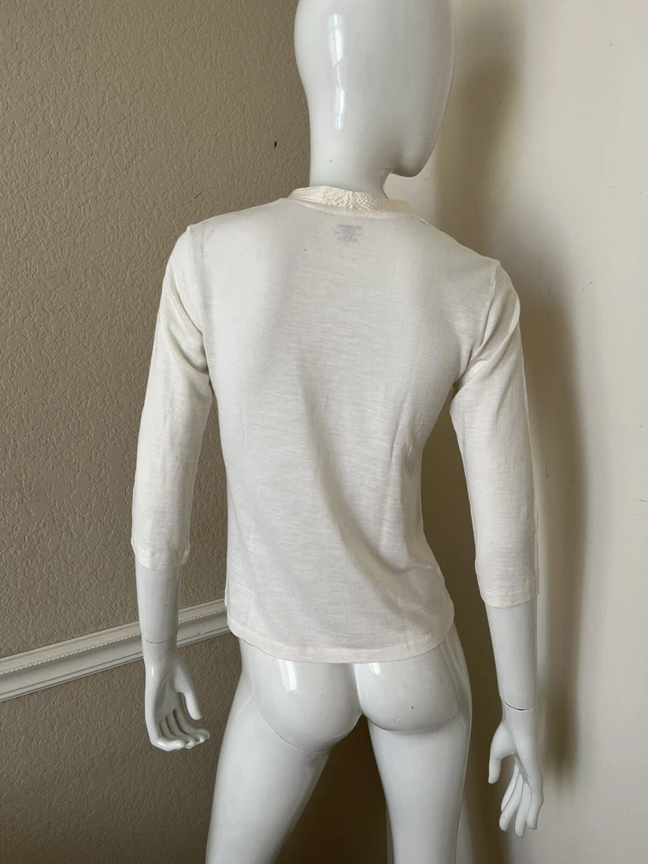 MAJESTIC PARIS Ivory Lightweight Silk/Linen Knit Split Neck 3/4 Sleeve Top Sz 2 - Image 4 of 4