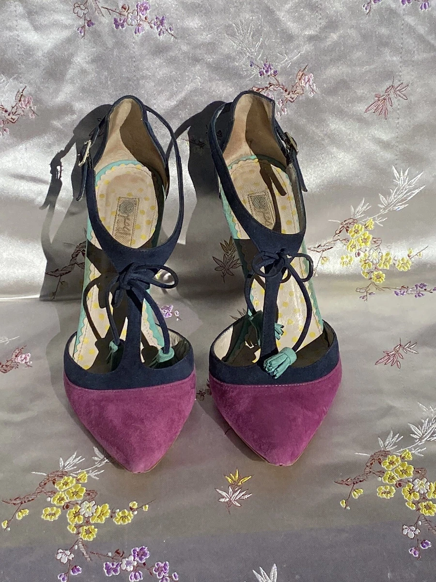 Boden Alice T Strap Tassel Heels Size 37 Pointed Toe Suede leather