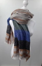 Thin Woven Blanket Scarf Boho Wool Blend Rectangular Color Block Fringe Lager