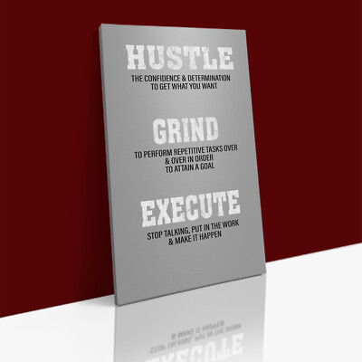 HUSTLE GRIND EXECUTE Motivational Definition LEINWAND Wandbild Kunstdruck GERAHMT