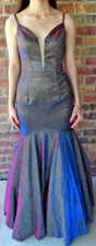 Davids Bridal Blue Illusion Plunge Iridescent Metallic Prom Ballgown Size 4