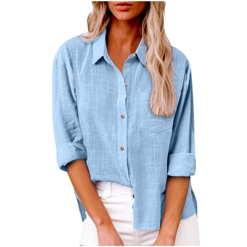 Women Linen Cotton Shirt Button Up Tops Long Sleeve Casual Loose Blouse Casual - Bild 44 von 48
