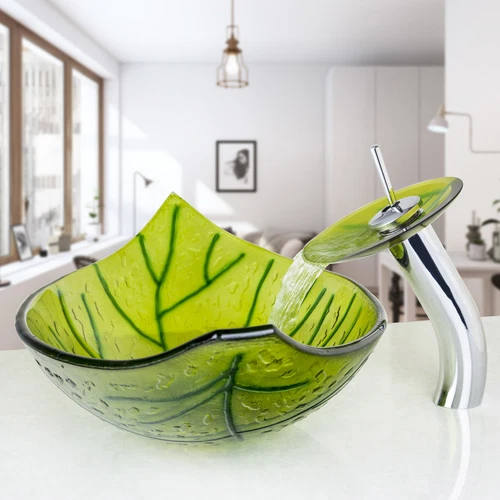 R Bathroom Green Leaves Tempered Glass Vessel Sink+Chrome Basin Mixer Faucet Set