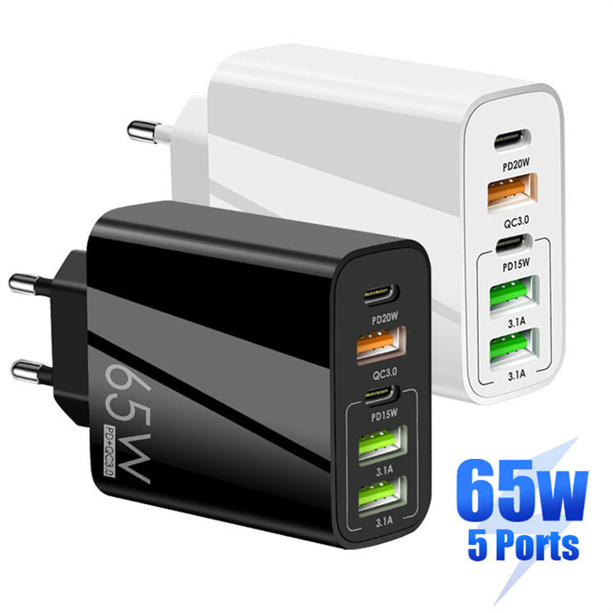 65W 5 Port USB-C USB PD QC 3.0 Fast Charger UK Plug Wall Charger- 2 Colours