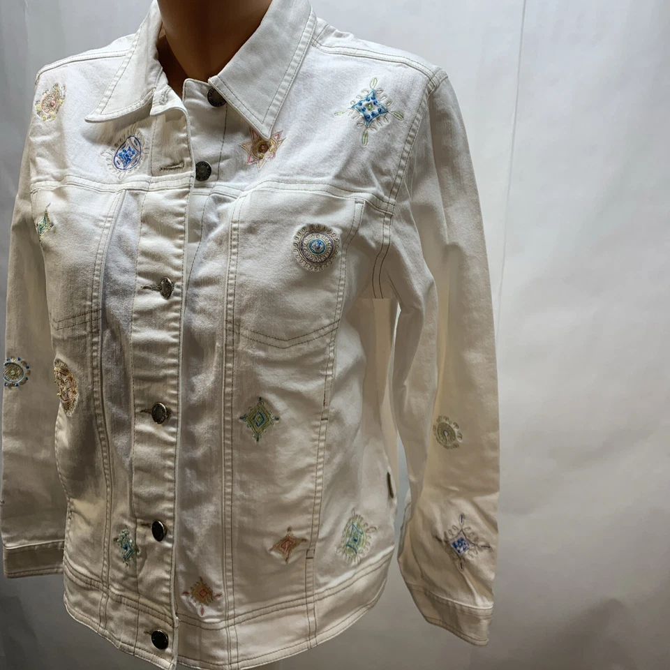 Vintage Blassport womens medium white button denim jacket embroidered beads - Image 4 of 4