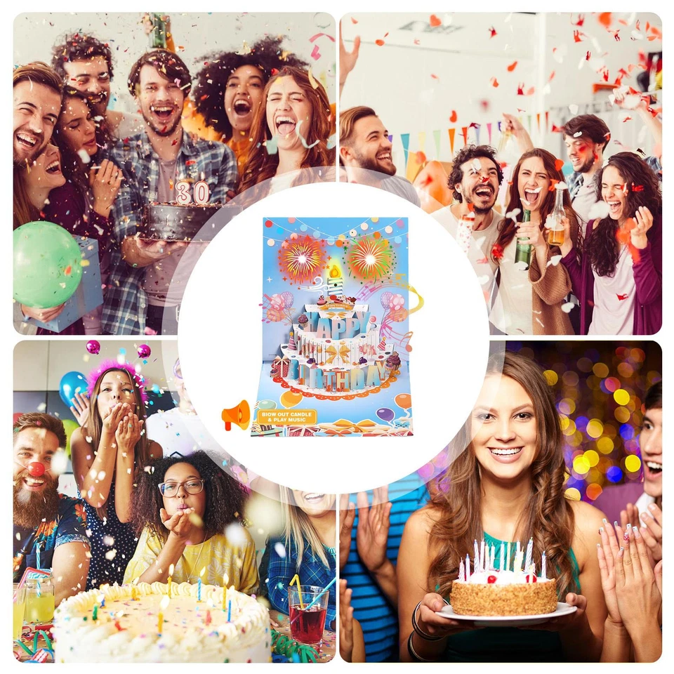 Tarjeta emergente de cumpleaños musical 3D con vela de luz LED soplable y feliz cumpleaños Foto 4 de 4