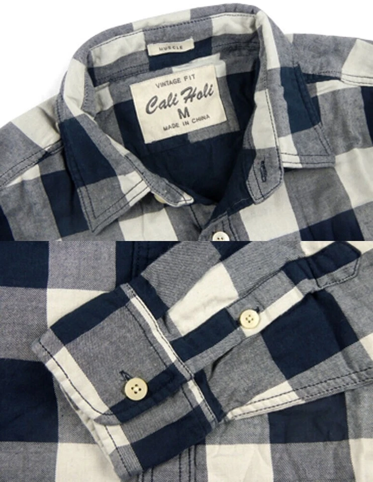 Camisa Para Hombres CALI HOLI Manga Larga Algodón Cuadros Azul Marino Blanco 9820833 Foto 2 de 2