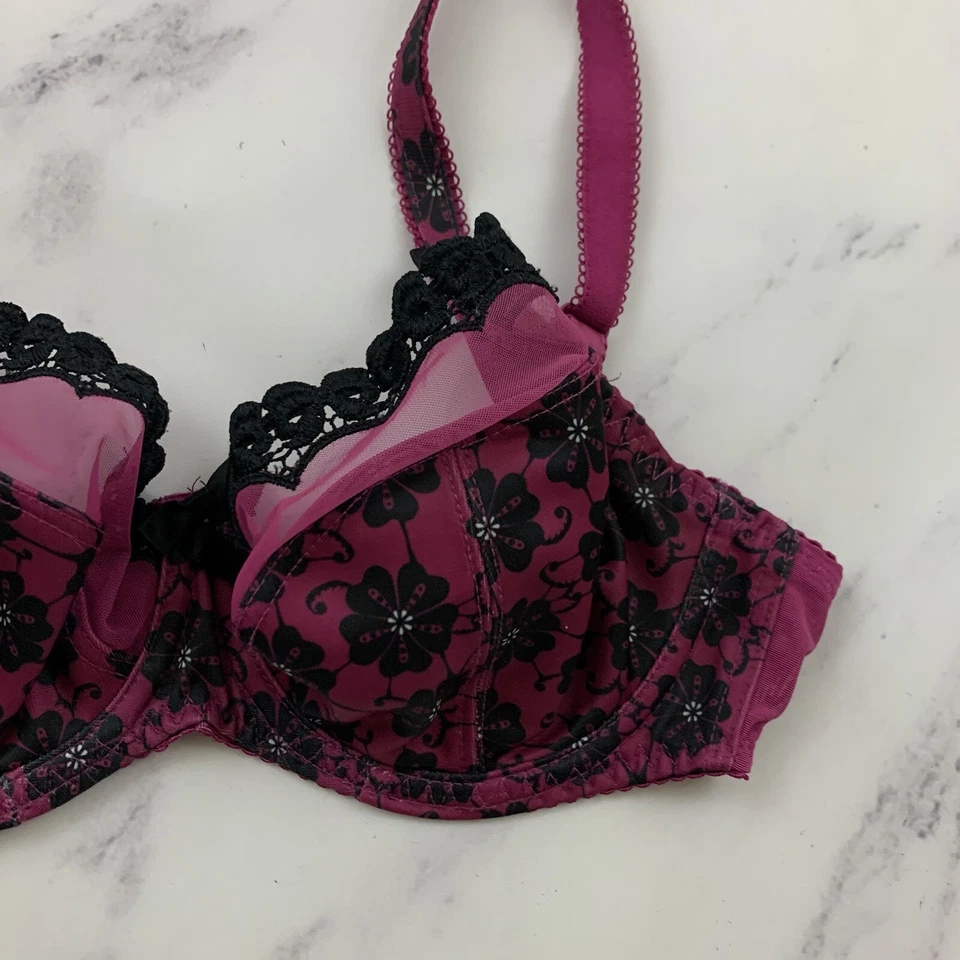 Sujetador Curvy Kate Balconette Talla 30 E Púrpura Negro Ribete de Encaje Con Aros Sin Forro Foto 2 de 4