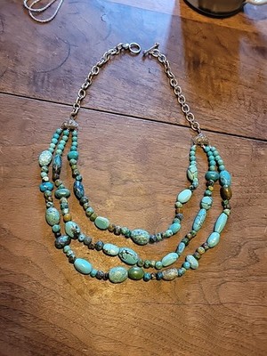 Chinese Export Style BJ Sterling Silver & Multi Strand Turquoise 22'' Necklace