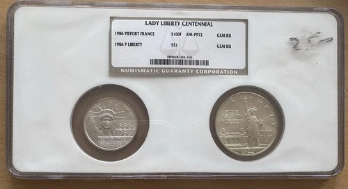 1986 Silver $1 Dollar Liberty Centennial Set Piefort France 100 Franc NGC Gem BU