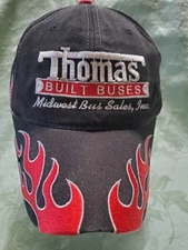 VTG. Thomas Built Buses Black Strapback Vitronic Hat Red White Flames Embroidery