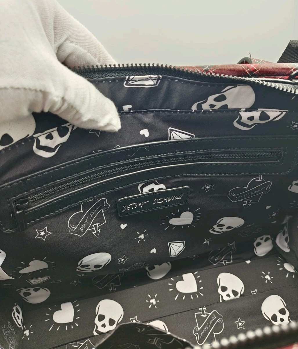 NWT Betsey Johnson Black/Red Plaid Skulls XOLOLO Tote Bag  BETSEY JOHNSON BLACK n WHITE SKULL PLAID TOTE BAG main image 0