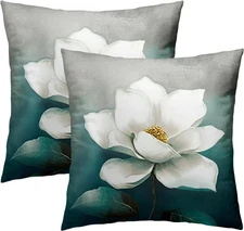 White Floral Throw Pillow Cover 18X18 Inch Set of 2 Turquoise Leaf Decorative...