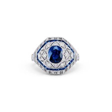 Art Deco Style Lab-Created Diamond  Sapphire Engagement 14K White Gold FN Ring