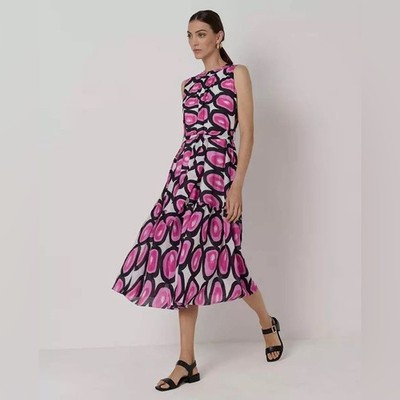 Roberto Verino Pink Black Mod Print Belted Dress UK 10 US 8